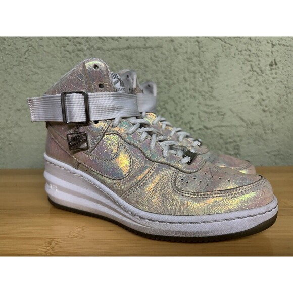 NIKE LUNAR FORCE 1 SKY‎ HIGH PREMIUM QS WHITE-MET SILVER SZ 7.5 704518-100 Woman - Picture 1 of 11